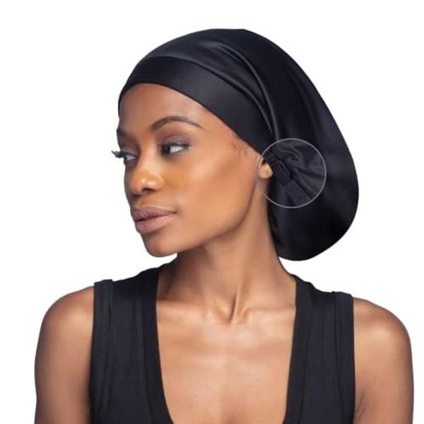 Hairbrella Satin Lined Adjustable Sleep Cap - Sleeping Caps for Women to Protect Hair, Satin Band Edge, Silk Bonnet Black