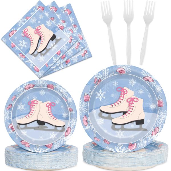 100 Pieces Roller Ice Skating Party Plates Napkins Skating Tableware Set Winter Party Skate Dinnerware Disposable Paper Dessert Plates Napkins for Birthday Party Decorations Supplies Serve 25 Guests