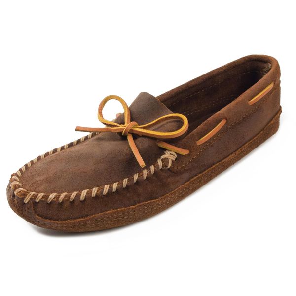 Minnetonka Men's Suede Moccasin Slippers, Double Bottom Softsole Slip-on, Brown Ruff, 11.5 W