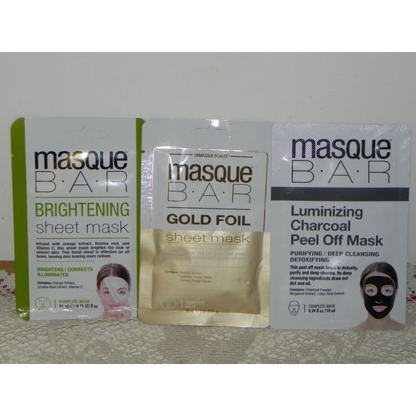 3 Masque BAR Charcoal/Brightening/Gold Foil Sheet mask. 1 mask per pack