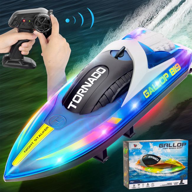 RANFLY RC Boat for Kids 8-12, 15+ MPH Fast Remote Control Boat with LED Lights, 2.4G RC Electric Boats Pool and Lakes Toys for Adults (Blue)