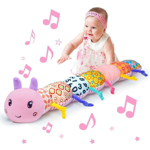 Baby Infant Musical Toy Soft Stuffed Animal Toy with Multi Textures,Rattle,Crinkle,Newborn Baby Toy for 0 3 6 9 12 Months Girls Boy Gift,Caterpillar，Pink