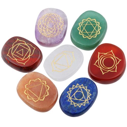 mookaitedecor 7 Chakra Reiki Stones Set, Natural Polished Healing Crystals Quartz Palm Stones Engraved Chakra Symbol Semi Precious Stones for Reiki Meditation Crystal Therapy