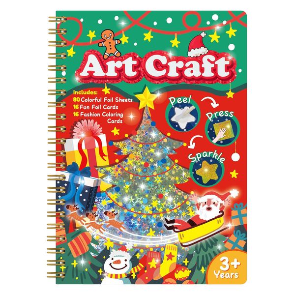 JULEASEL Christmas Foil Paper Arts and Crafts Kits, DIY Xmas Arts and Crafts for Kids, No Mess Foil and Coloring Books, Creative Christmas Gifts for Boys Girls Ages 4+, Kids Travel Essentials Toy