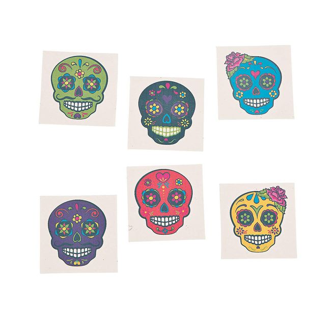 Sugar Skull Temporary Tattoos - Day of the Day and Halloween Accessories - 72 Pieces