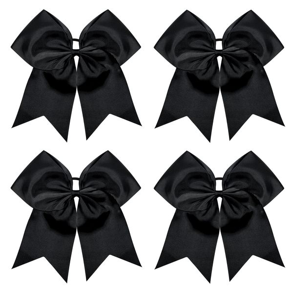 TUUXI 4pcs 8" Large Cheer Bows Black Elastics Hair Ties Bands Grosgrain Ribbon Ponytail Holder for Cheerleading Team Baseball Softball Tennis Cheerleader Bows