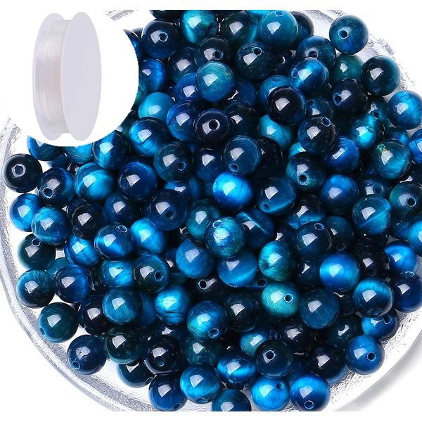 QINJIEJIE 60PCS Aquamarine Tiger Eye Beads 8mm Stone Beads Round Loose Gemstone Bead for Bracelet Beading Crystal Jewelry Making DIY Necklace Earrings 0.32"