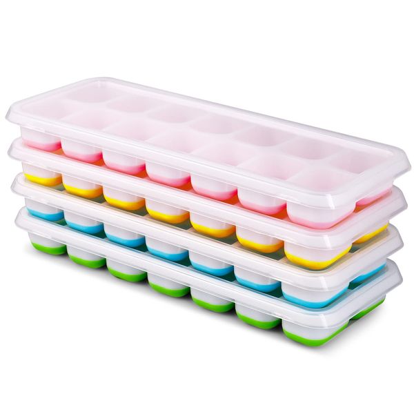 CHILLSILA Ice Cube Tray, Pack of 4 Silicone Trays with Lid, 56 Pieces, Square, LFGB Certified, BPA Free, Stackable, Dishwasher Safe