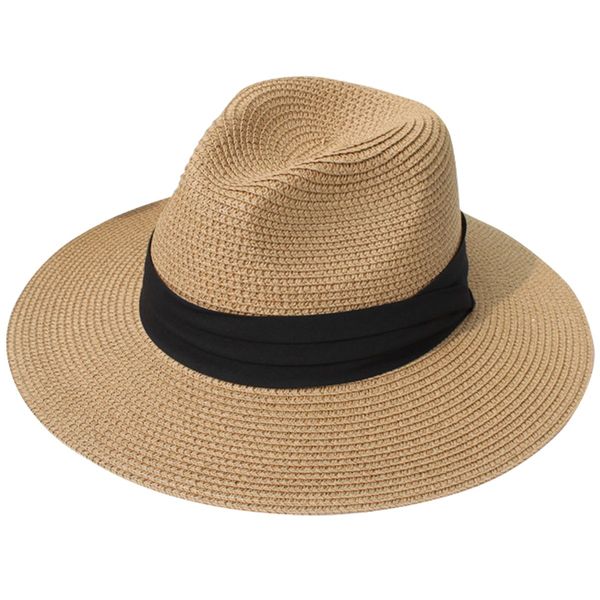 Lanzom Women Wide Brim Straw Panama Roll up Hat Fedora Beach Sun Hat UPF50+ (A-Square Belt Brown)