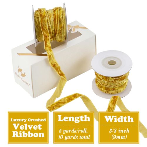 HUIHUANG Gold Velvet Ribbon 3/8" Crushed Velvet Ribbon for Christmas Tree Ornaments, Gift Wrapping, Wreath Decoration, Invitations, Holiday Home Decor, Bows, Flower Bouquet -10 Yards