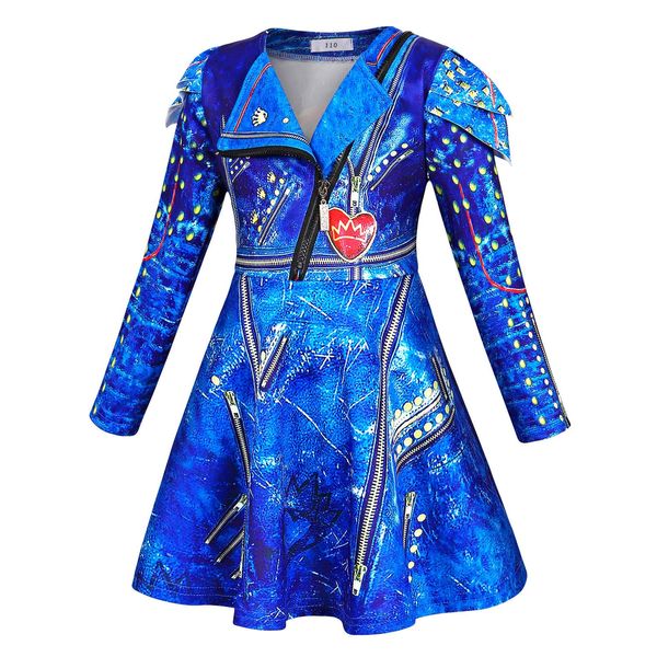 HenzWorld Evie Dress for Girls Descendants Long Sleeve Clothes Princess Costume Halloween Cosplay Party Dress up Outfit Blue Size 10（9-10 Years,140）