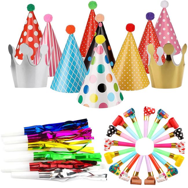 59 Pieces Party Hats with Colorful Party Blowers and Metallic Fringed Noise Makers Whistles Musical Paper Noisemakers Birthday Party Supplies