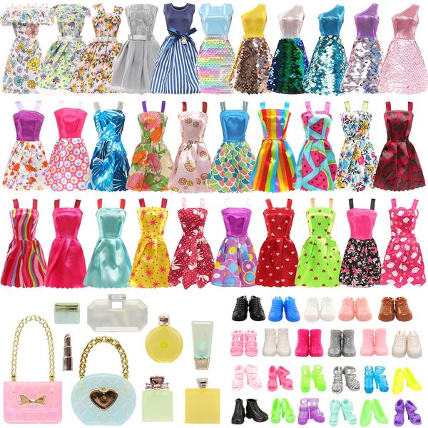 Miunana 11.5 Inch Fashion Girl Doll Clothes and Shoes 35 PCS 12 Inch Girl Sequin Dress and Fashion Girl Doll Flat Shoes and High Heels Fit for Different Girl Doll Feet with Bag and Dollhouse Perfume