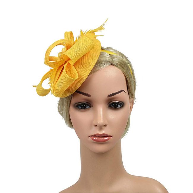 FRCOLOR Feather Fascinator Hat Tea Party Headband for Girls, Flower Cocktail Derby Hair Clips for Women Wedding Headwear (Yellow)