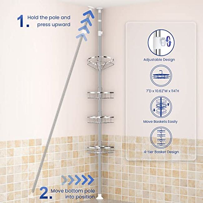 SEIRIONE Tension Corner Shower Pole Caddy, Rustproof Stainless Steel, 4  Tier Adjustable Baskets for Organizing Hand Soap, Body Wash, 56 to 114 Inch