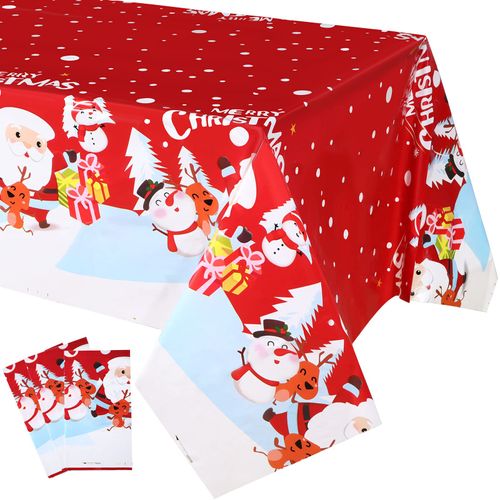 3 Pcs Rectangle Christmas Tablecloth, Red Santa Claus Snowman Table Cover Disposable Plastic Winter Tablecovers for Xmas Holiday Birthday Party Decoration, 51 x 87 Inch