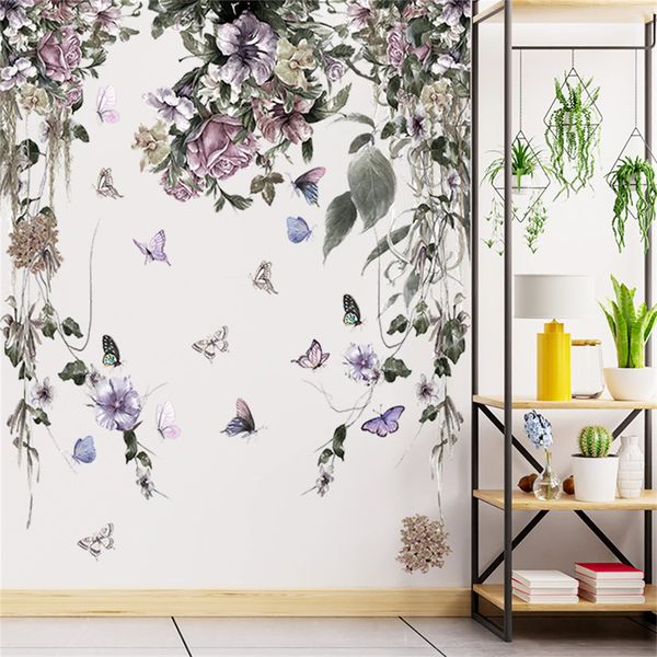 Condessacity Wisteria Flower Purple Petunia Peony Butterfly Wall Sticker Stylish Removable Wall Sticker Waterproof Wallpaper Living Room Wall Decor Wall Art