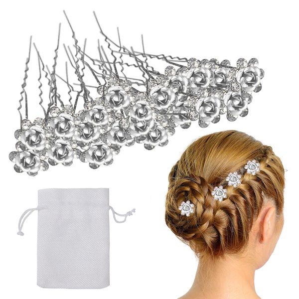 Jiakalamo 20 Stück Rose Braut Haarspangen,U-Form Haarspangen Mit Einem Weißen Leinen Kordelzug Aufbewahrungstasche,Blumenclips Für Hochzeit,Bankett,Abend Party(Haarspangen-Set)