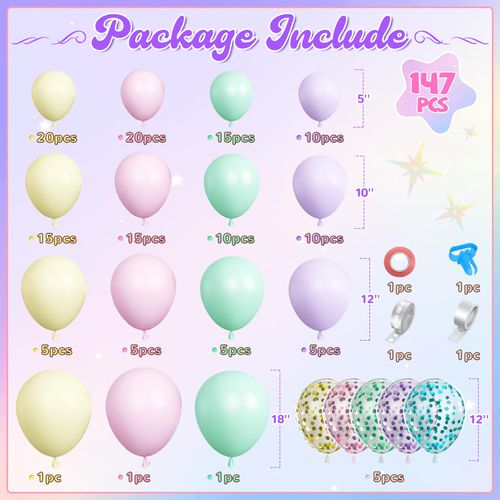Pack of 147 Pastel Macaron Balloon Garland Arch Kit, Pink Purple Balloons Birthday Decoration Girls for Birthday Baby Shower Party Decoration
