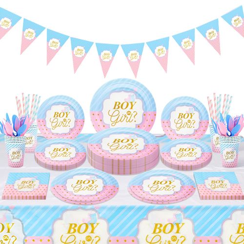Gender Reveal Party Tableware Set - 114 Pcs Boy or Girl Paper Plates Cups Napkins Straws Tableware Set Tablecloth Banner Tableware Supplies Baby Shower Decorations