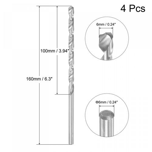 sourcing map HSS(High Speed Steel) Extra Long Twist Drill Bits, 6mm Drill Diameter 160mm Length for Hardened Metal Woodwork Plastic aluminum alloy 4 Pcs
