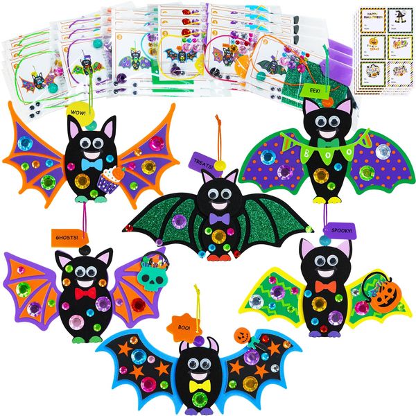 Winlyn 24 Sets Halloween Craft Kits Individual Fall Kids Craft Kits DIY Bat Ornaments Halloween Decorations Foam Bats Craft Kits Halloween Arts and Crafts for Kids Classroom Activities Party Favors