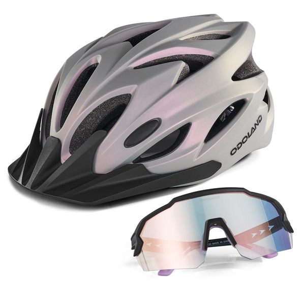 Odoland Bicycle Helmet Cycling Glasses Set, Cycling Helmet with Photochromic Sports Glasses, Adjustable Road Bike Helmet, Breathable MTB Mountain Bike Helmet for Adults Men Women