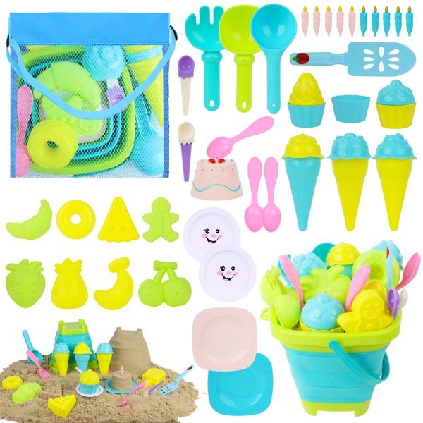 AMOR PRESENT 45PCS Fruit Beach Toys Set, Collapsible Sand Bucket and Shovels Set with Mesh Bag Sand Toys for Kids and Toddlers