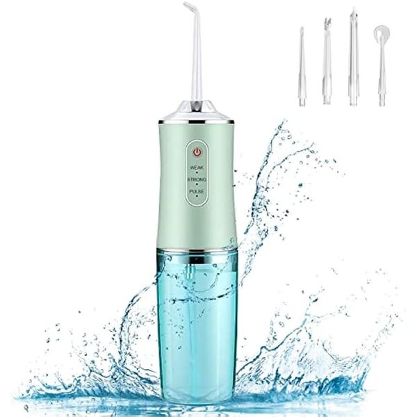 Demanca Jet Washer, Oral Washer, 3 Modes Adjustable, Water Floss, Waterproof, Interdental Cleaner, Oral Cleaner, Cleaning, Halitosis, Periodontal Pocket, Portable, Mouth Washer, 4 Nozzles (Green)