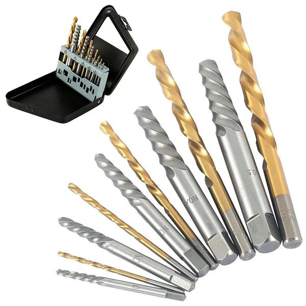 YUENTOEN Reverse Tap Set, 5 Pieces, Left Rotating Drill Bit and 5 Pcs Screw Extractor Set, Stud Bolt Remover, Extractor, Nut Breaker, Dedicated Tool, Remove Crushed Screws, Includes Dedicated Storage