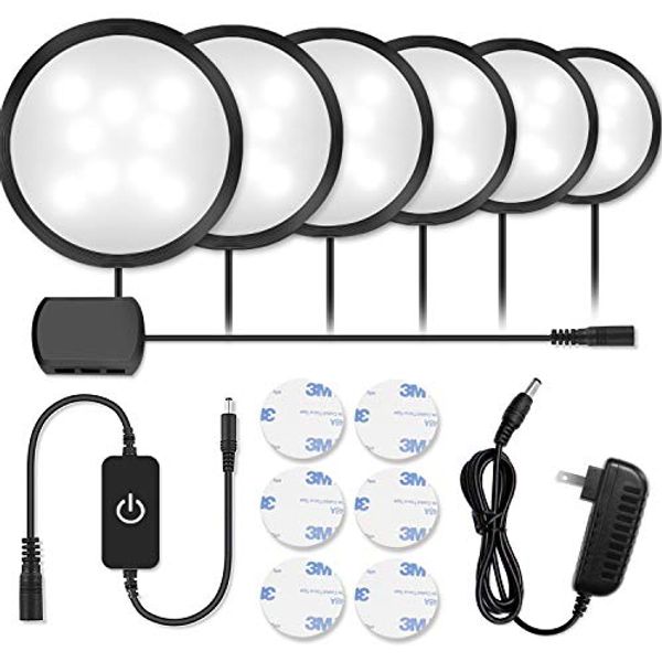 Newest LED Under Cabinet Lighting Kit, 1020 Lumens LED Puck Light, 5000K Daylight White, CRI90+, Touch Dimming, Black Trim All Accessories Included, for Kitchen, Closet Lights, Safe Light, 6-Pack