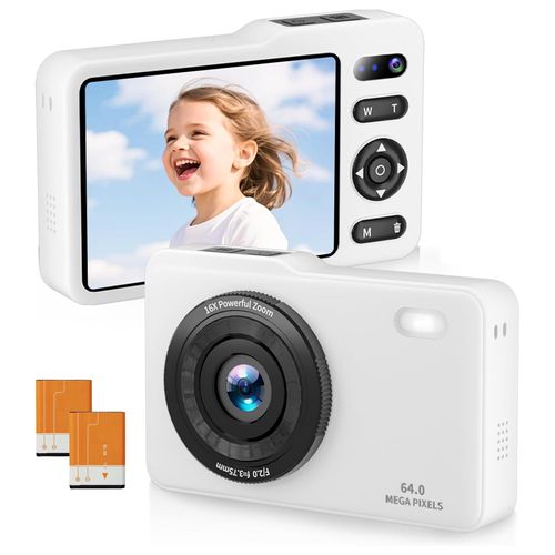 Digital Camera, 64MP Dual Lens Autofocus Point and Shoot Digital Camera, 16x Zoom Vlogging Camera with 2 Batteries, Portable Rechargeable Small Camera for Kids Teens (White)
