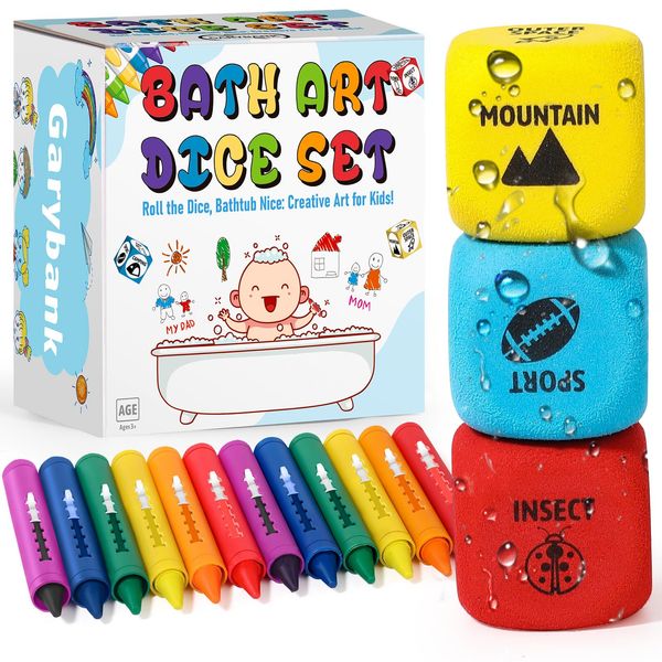 Garybank Inspiration Bath Crayons Toys for Toddlers Kids, W/3 Creative Dice, 6 Count(Pack of 2), Non-toxic, Washable Bathtub Crayons for Toddler, Smoothly Draw on Wet & Dry Tub Tile and Walls