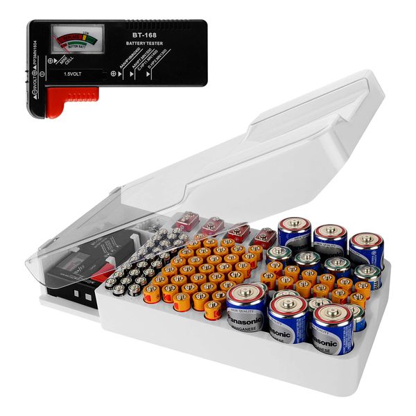 Linkidea Batterie-Organizer-Aufbewahrungskoffer, Batterie-Aufbewahrungsbox mit Tester, fasst 93 Batterien verschiedener Größen für AAA, AA, 9 V, C, D und Knopfbatterie