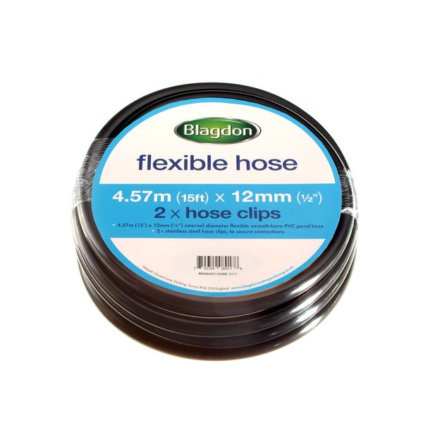 Blagdon Flexible Reinforced Pond Tubing, 4.57m (15ft) x 12mm (1/2") Internal Diameter, Smooth-bore PVC Pond Tubing, Includes 2 stainless steel Hose Clamps, Tough and Strong Tubing,Black