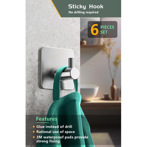 Aikzik Self Adhesive Hooks, Set of 6 Stainless Steel Hooks – Strong Stick on Hooks, Sticky Hooks for Hanging Items - Door Hooks, Coat Hooks