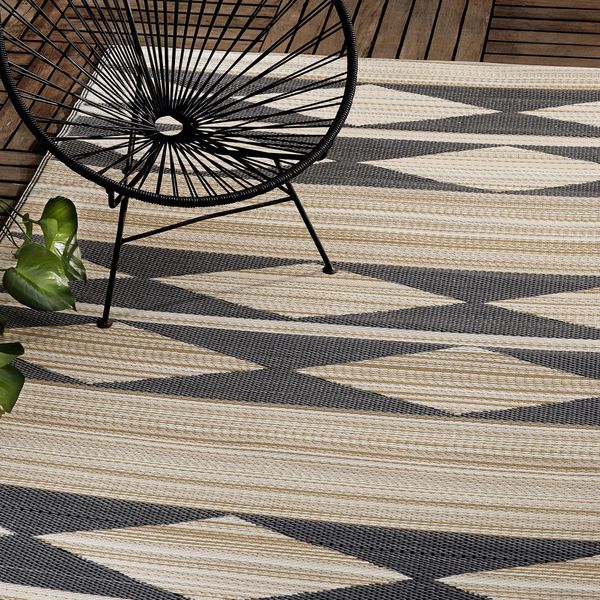 Fab Habitat Outdoor Rug - Waterproof, Fade Resistant, Crease-Free - Premium Recycled Plastic - Geo Tribal - Porch, Deck, Balcony, Mudroom, Laundry Room, Patio - Cairo - Natural & Black - 3 x 5 ft