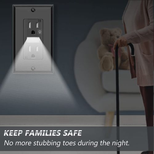 SOZULAMP Black Wall Outlet with Night Light,Decorator Electrical Tamper Resistant Receptacle,15 Amp 125Volt, Built-in Nightlight,Guide with Wallplate(4Pack,Glossy Black)
