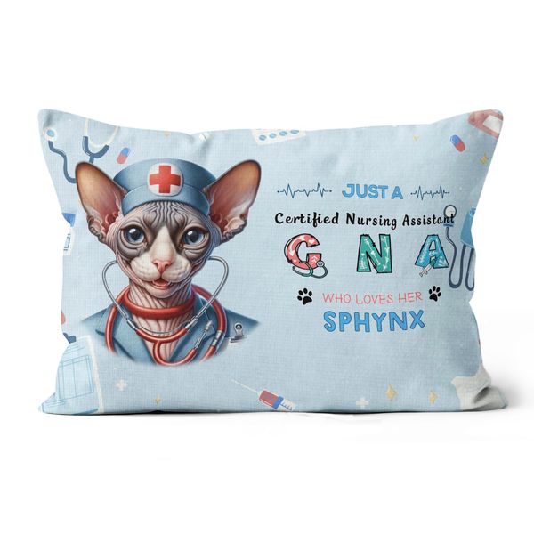 Ninety3POD Just a Certified Nursing Assistant CNA Who Loves Her Sphynx 19x13in Pillow Cushion Double Sided Cat Lover Kitten Owner Gifts Idea Throw Pillow - 003