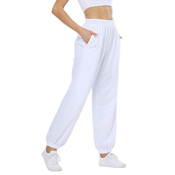 CYiNu Womens High Waisted Sweatpants Jogger Baggy Comfy Soft Casual Pants with Pockets for Yoga (White, M)