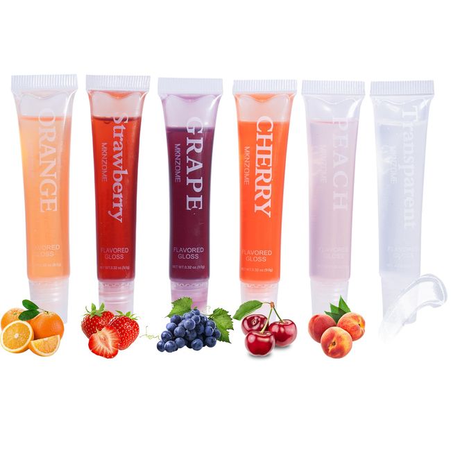 Joyeee 6-teiliges Lip Glow Oil Wet, feuchtigkeitsspendendes Candy-Lipgloss-Aromaöl-Set, transparent, klar, rosa Pfirsich, nackte Orange, rote Erdbeere, getöntes Lippenöl in Candy Grape für Teenager