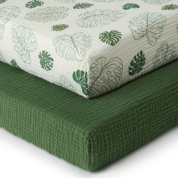 Muslin Crib Sheets, Cotton Neutral Crib Sheet for Baby Girls and Boys, Fitted for Standard Crib Mattress & Toddler Bed Mattress (52"x28"), Soft and Breathable, 2 Pack(Monstera Leaves&Dark Green)