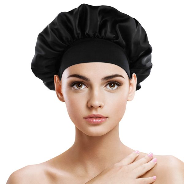 SZXMDKH Satin Bonnet Sleep Cap, 1 PCS Sleeping Head Cover for Curly Hair, Silk Hat Soft Night Cap with Wide Elastic Band for Women Girl Hair Protection (Black)