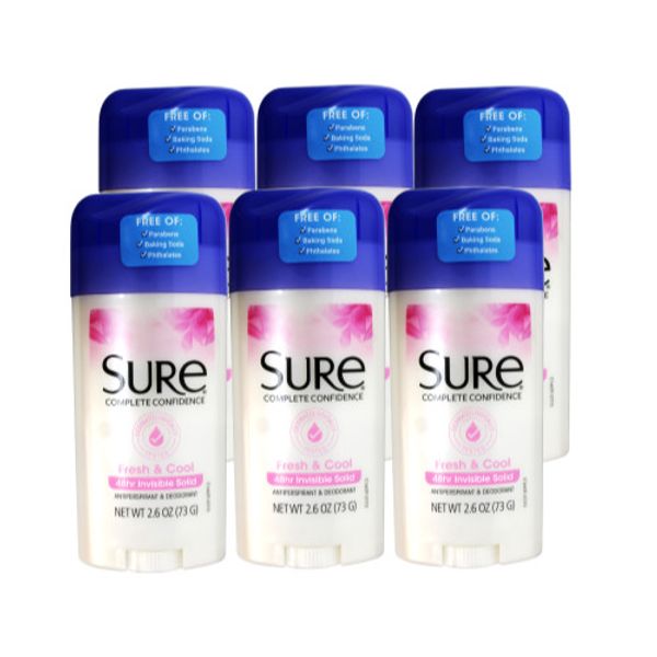 6 Pack Sure Anti Perspirant Deodorant Invisible Solid Fresh & Cool 2.60Oz Each