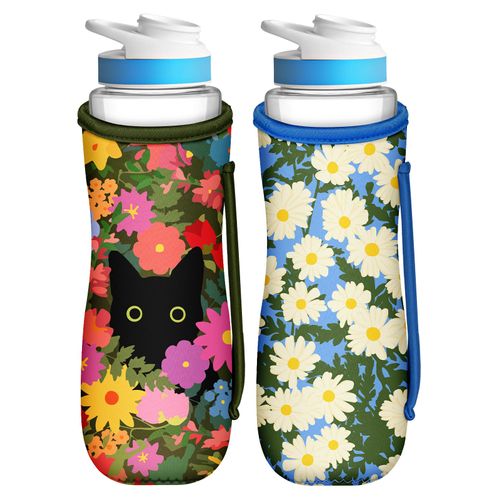Toykee Water Bottle Sleeve for Cirkul 32 oz - 2 Pack Bottles Cover Holder Carrier Bag with Side Handle Cute Colors Flower Cat Print