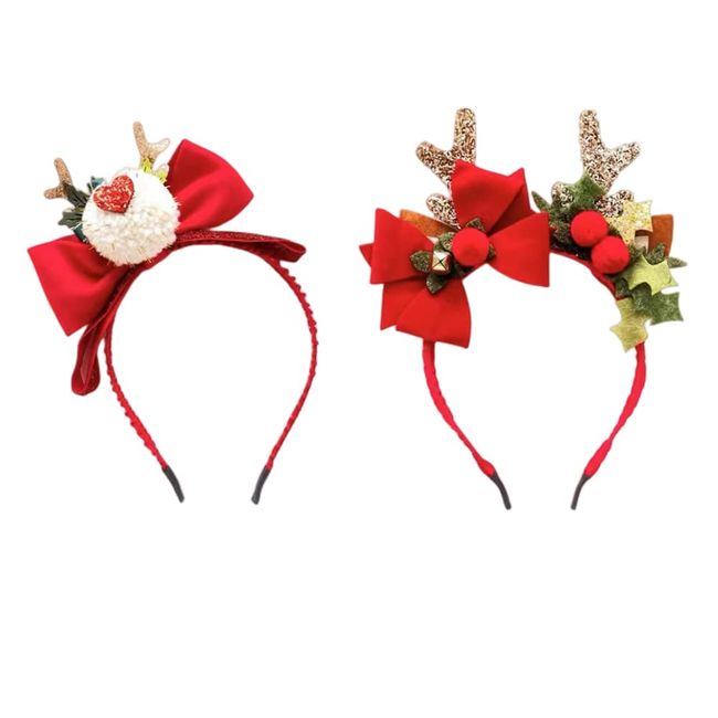 FEIFEI'S BOW 2PCS Christmas Headband Xmas Party Fun Fancy Flower Antlers Elk Deer Animal Horns Headwear Prom Kids Headband Hair Accessories (Set 02)