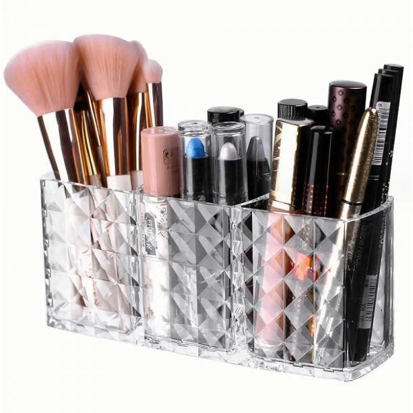 KNC 3 Compartment Acrylic Cosmetic Brush Storage Box Makeup Holder Organizer Complete for Eyebrow Pencil Lipstick Nail Polish, etc.