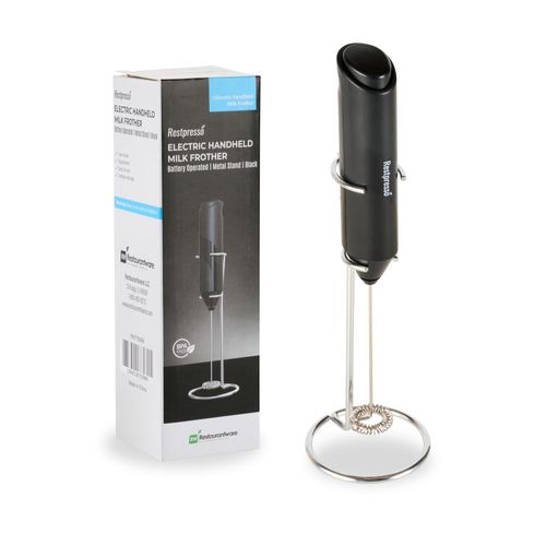 Restaurantware-Restpresso Electric Milk Frother, 1 Battery-Operated Electric Foam Maker - With Stand, Stainless Steel Whisk, Black Handheld Coffee Frother, For Cappuccino, Matcha Or Latte