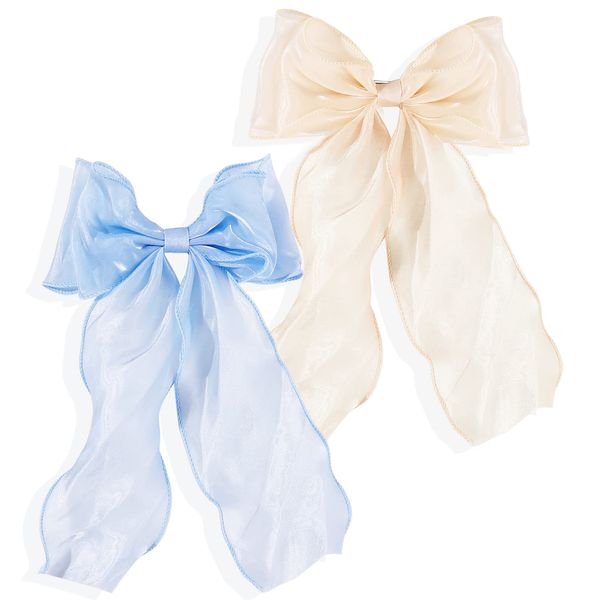 KesaPlan Large Hair Bow Clips for Women, 2PCS Big Silk Satin Bow Hair Slides, French Double Layers Hair Bows with Long Tail Ribbon, Soft Solid Color Bowknot Hairpins for Girls Teens