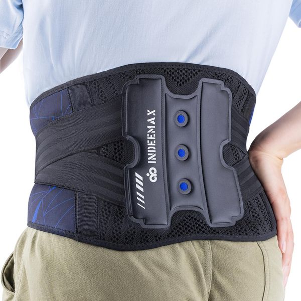 INDEEMAX Low Back Support Belt for Man and Women, Breathable Lumbar Support Belt for Sciatica, Scoliosis, Herniated Disc, Ergonomic Back Brace for Daily Work with 4 Support Strips, L